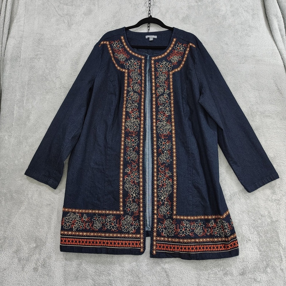 Jessica London Plus Jacket 24W Embroidered Denim Stretch Long Boho Open Front